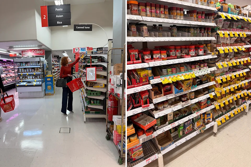 A woman reaches up to the top of a Coles shelf. Right: A Coles spice aisle