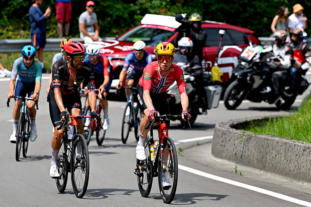 PIANCAVALLO, ITALY - MAY 30: Larry Warbasse of United States and Team Tudor Pro Cycling and Andreas Leknessund of Norway and Team Uno-X Mobility compete in the breakaway during the 109th Giro d&amp;apos;Italia 2026, Stage 20 a 200km stage from Gemona del Friuli to Piancavallo 1289m / #UCIWT / on May 30, 2026 in Piancavallo, Italy. (Photo by Tim de Waele/Getty Images)