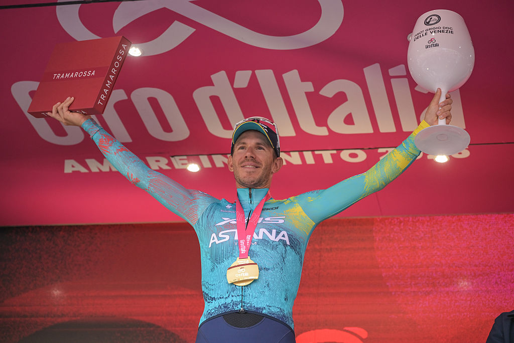 Davide Ballerini of XDS Astana Team celebrates on the podium after winning Stage 6 Paestum-Naples of the 2026 Giro d&amp;#039;Italia in Paestum, Italy, on May 14, 2026. (Photo by Andrea Amato/NurPhoto via Getty Images)
