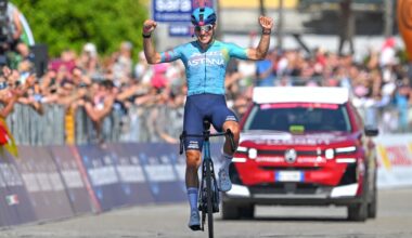 VERBANIA, ITALY - MAY 22: Alberto Bettiol of Italy and Team XDS Astana celebrates at finish line as stage winner during the 109th Giro d'Italia 2026, Stage 13 a 189km stage from Alessandria to Verbania / #UCIWT / on May 22, 2026 in Verbania, Italy. (Photo by Tim de Waele/Getty Images)
