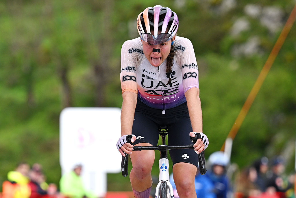 NAVA, SPAIN - MAY 08: Paula Blasi of Spain and UAE Team ADQ crosses the finish line on second place during the 12th La Vuelta Femenina 2026, Stage 6 a 106.5km stage from Gijon / Xixon to Les Praeres. Nava 738m / #UCIWWT / on May 08, 2026 in Nava, Spain. (Photo by Szymon Gruchalski/Getty Images)