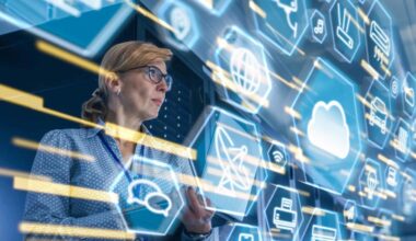 A corporate female wearing glasses looks intently at a virtual reality screen with shapes and lights representing Block shares going up today