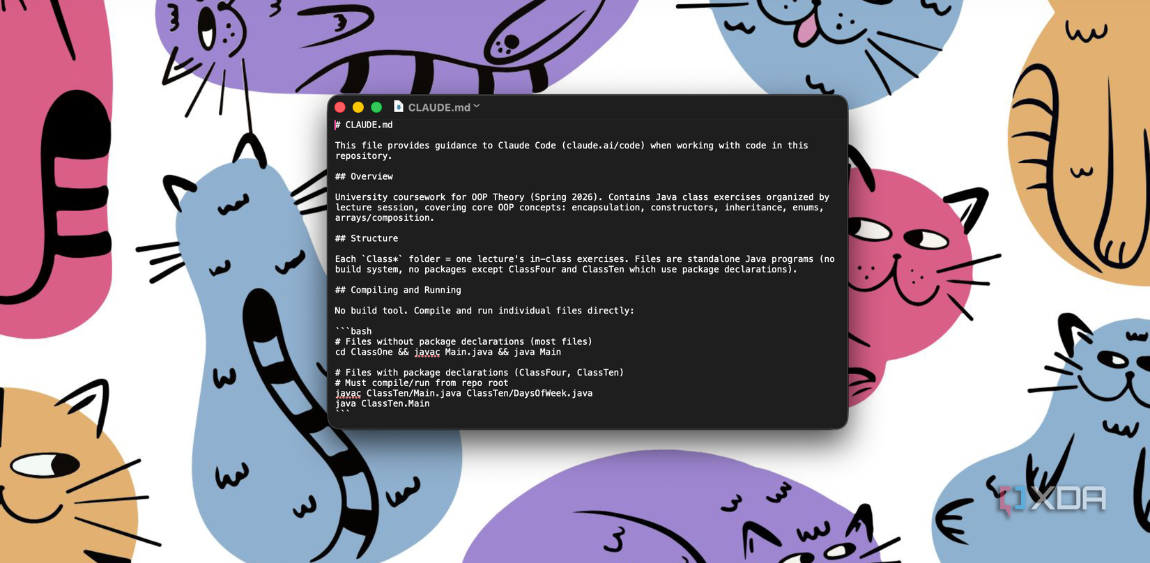 terminal window showing claude code documentation with colorful cartoon cats in background