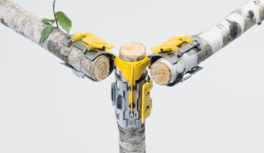 three-axis joint connects raw tree branches without screws for self-building structures