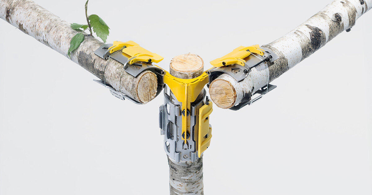 three-axis joint connects raw tree branches without screws for self-building structures