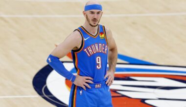 Thunder guard Alex Caruso looks on during the third quarter against the Pacers in game two of the 2025 NBA Finals at Paycom Center. Mandatory Credit: USA Today Sports - Imagn
