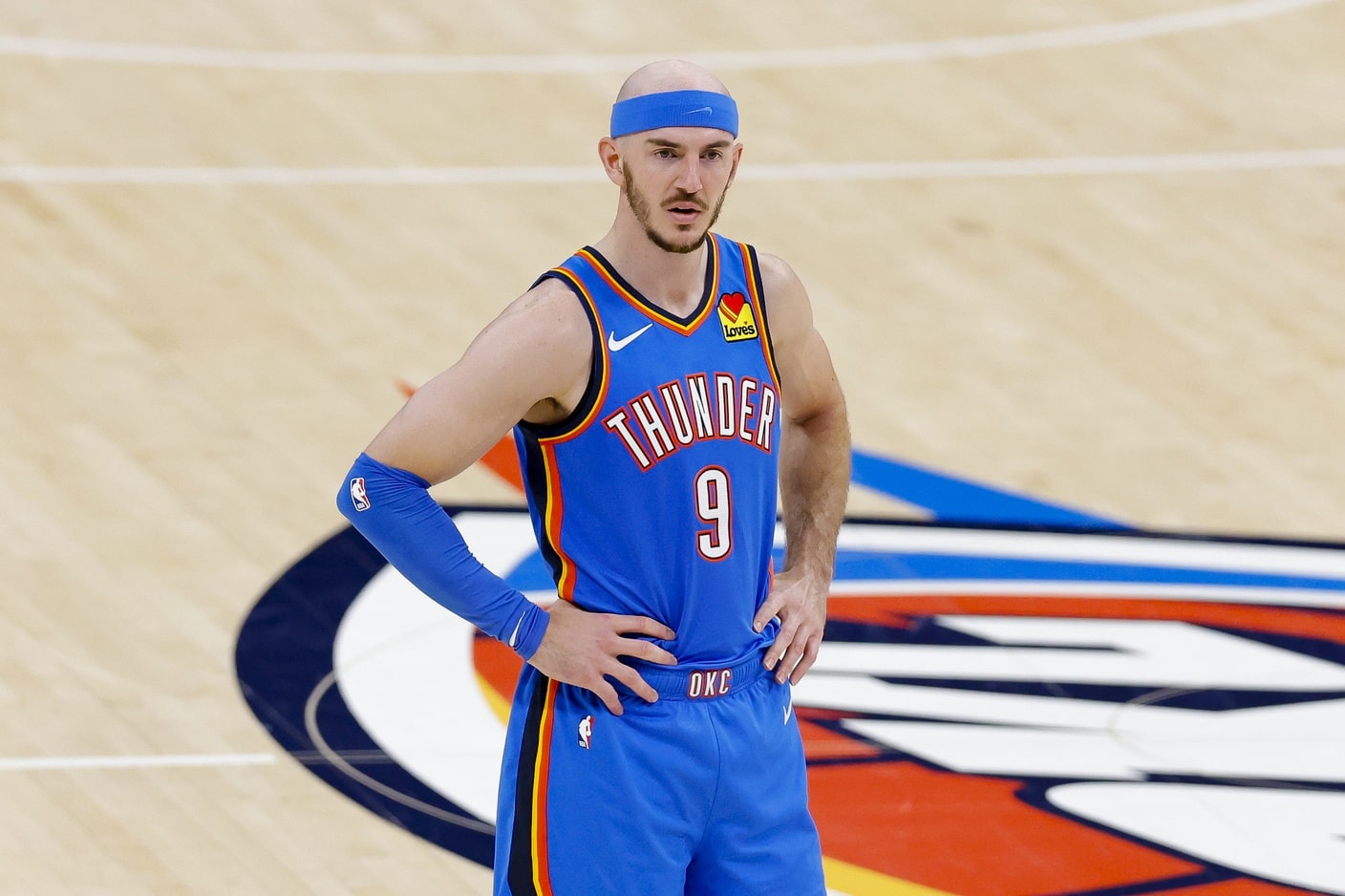 Thunder guard Alex Caruso looks on during the third quarter against the Pacers in game two of the 2025 NBA Finals at Paycom Center. Mandatory Credit: USA Today Sports - Imagn