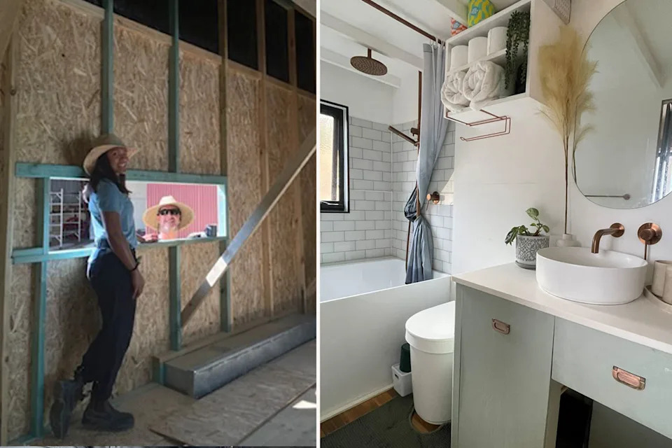 Left: Lizzie and David during tiny house construction. Right: The bathroom in the tiny house.
