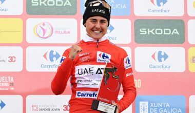 L&amp;apos;ANGLIRU, SPAIN - MAY 09: Paula Blasi of Spain and UAE Team ADQ celebrates at podium as Red Leader Jersey and overall race winner during the 12th La Vuelta Femenina 2026, Stage 7 a 132.9km stage from Pola de Laviana to L&amp;apos;Angliru 1555m / #UCIWWT / on May 09, 2026 in Pola de Laviana, Spain. (Photo by Szymon Gruchalski/Getty Images)