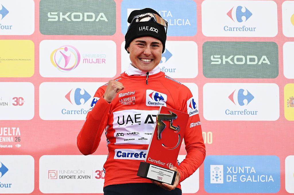 L&amp;apos;ANGLIRU, SPAIN - MAY 09: Paula Blasi of Spain and UAE Team ADQ celebrates at podium as Red Leader Jersey and overall race winner during the 12th La Vuelta Femenina 2026, Stage 7 a 132.9km stage from Pola de Laviana to L&amp;apos;Angliru 1555m / #UCIWWT / on May 09, 2026 in Pola de Laviana, Spain. (Photo by Szymon Gruchalski/Getty Images)