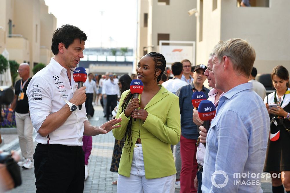 Toto Wolff, Team Principal and CEO, Mercedes-AMG, is interviewed by Naomi Schiff, Martin Brundle and Simon Lazenby, Sky Sports F1