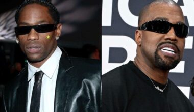 This combination of pictures shows rapper Travis Scott (L) and rapper Kanye West (R)