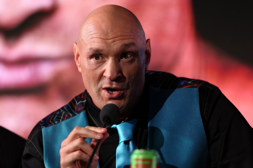 Tyson Fury talks to the media at the Tyson Fury v Arslanbek Makhmudov press conference at Tottenham Hotspur Stadium on February 16, 2026 in London, England