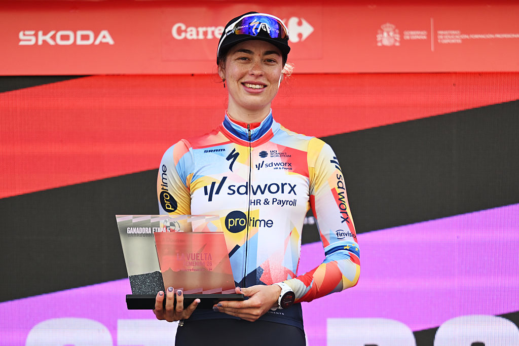 Mischa Bredewold (SD Worx - Protime) celebrates on the podium after winning stage 5 of the 2026 La Vuelta Femenina in Astorga, Spain. (Photo by Szymon Gruchalski/Getty Images)