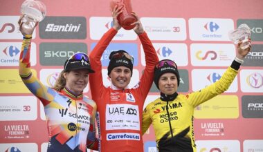 Winner of 2026 La Vuelta Femenina cycling tour of Spain, team UAE ADQ's Spanish rider Paula Blasi Cairol, second placed team SD Worx - Protime's Dutch rider Anna van der Breggen (L) and third placed Team Visma - Lease a Bike's French rider Marion Bunel (R) celebrate on the podium after the 7th stage, a 132.9 km race between Pola de Laviana and Alto de l'Angliru, on May 9, 2026. (Photo by Miguel RIOPA / AFP)