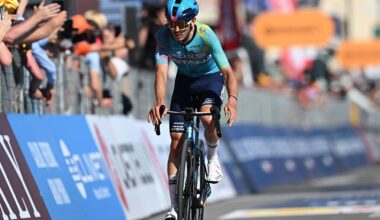 CHIAVARI, ITALY - MAY 20: Christian Scaroni of Italy and Team XDS Astana crosses the finish line during the 109th Giro d&amp;apos;Italia 2026, Stage 11 a 195km stage from Porcari to Chiavari / #UCIWT / on May 20, 2026 in Chiavari, Italy. (Photo by Tim de Waele/Getty Images)