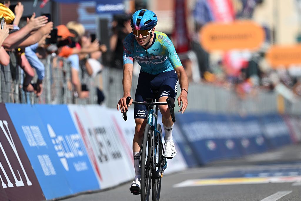 CHIAVARI, ITALY - MAY 20: Christian Scaroni of Italy and Team XDS Astana crosses the finish line during the 109th Giro d&amp;apos;Italia 2026, Stage 11 a 195km stage from Porcari to Chiavari / #UCIWT / on May 20, 2026 in Chiavari, Italy. (Photo by Tim de Waele/Getty Images)