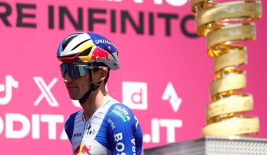 Red Bull - BORA - hansgrohe Australian rider Jai Hindley walks past the trophy on stage before the 15th stage of the Giro d'Italia 2026 - Tour of Italy cycling race between Voghera and Milan, Italy, on May 24, 2026. (Photo by Luca Bettini / AFP)