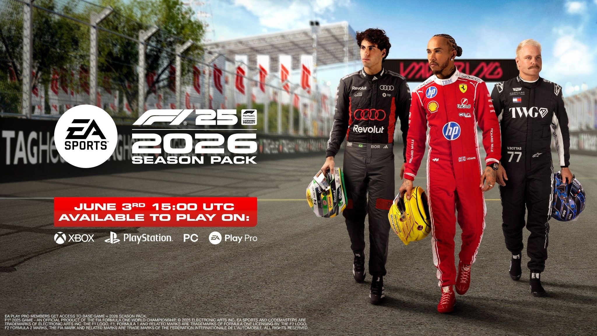 Gabriel Bortoleto, Lewis Hamilton & Valtteri Bottas Standing on MADRING Circuit. Season logo, release date, and all the platforms are listed next to the key art.