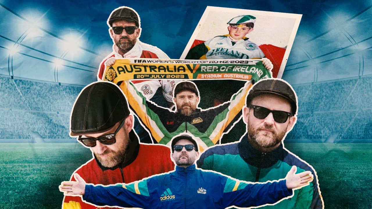 A stylised image of a fan wearing diffferent football tracksuits in the centre, with a football match fading into the background.