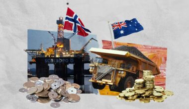 A stylised image of the Norwegian and Australian flags, an oil platform, a mining truck and stacks of coins.