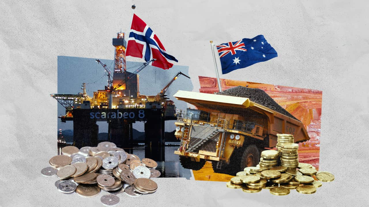 A stylised image of the Norwegian and Australian flags, an oil platform, a mining truck and stacks of coins.