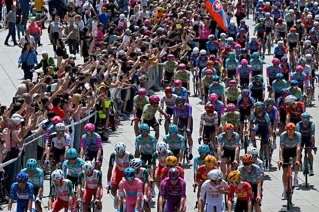 PLOVDIV, BULGARIA - MAY 10: (L-R) Diego Pablo Sevilla of Spain and Team Polti VisitMalta - Blue Mountain Jersey, Paul Magnier of France and Team Soudal Quick-Step - Purple Points Jersey, Guillermo Thomas Silva of Uruguay and Team XDS Astana - Pink Leader Jersey and Jan Christen of Switzerland and UAE Team Emirates - XRG - White Best Young Rider Jersey prior to the 109th Giro d&amp;apos;Italia 2026, Stage 3 a 175km stage from Plovdiv to Sofia / #UCIWT / on May 10, 2026 in Plovdiv, Bulgaria. (Photo by Tim de Waele/Getty Images)