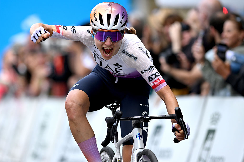 SAN SEBASTIAN, SPAIN - MAY 17: Dominika Wlodarczyk of Poland and UAE Team ADQ celebrates at finish line as stage winner during the 5th Itzulia Women 2026, Stage 3 a 131.1km stage from San Sebastian to San Sebastian / #UCIWWT / on May 17, 2026 in San Sebastian, Spain. (Photo by Szymon Gruchalski/Getty Images)
