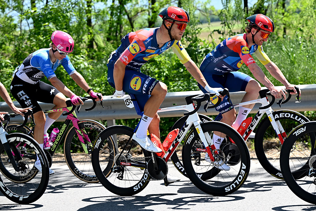 SOFIA, BULGARIA - MAY 10: (L-R) Jonathan Milan of Italy and Simone Consonni of Italy and Team Lidl - Trek compete during the 109th Giro d&amp;apos;Italia 2026, Stage 3 a 175km stage from Plovdiv to Sofia / #UCIWT / on May 10, 2026 in Sofia, Bulgaria. (Photo by Dario Belingheri/Getty Images)