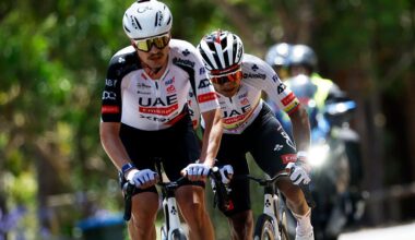 Jay Vine and teammate Jhonatan Narvaez riding during the Tour Down Under
