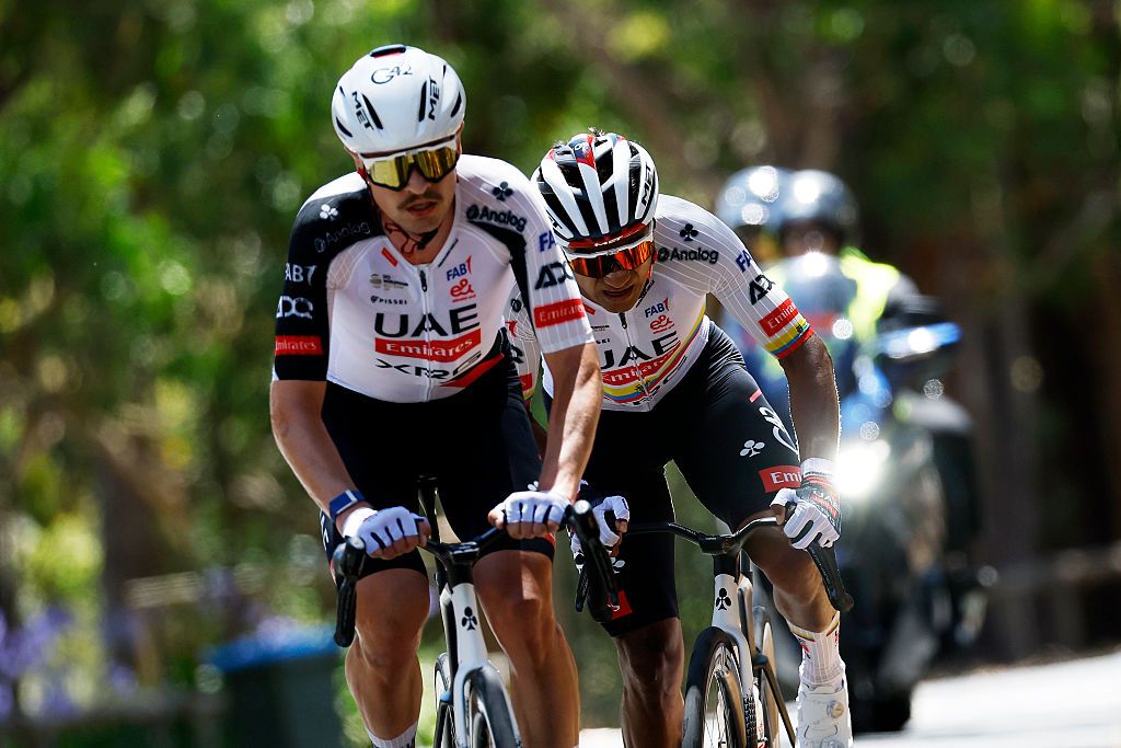 Jay Vine and teammate Jhonatan Narvaez riding during the Tour Down Under