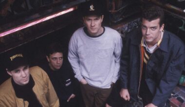 Henry Bogdan, Peter Mengede, Page Hamilton and John Stanier of Helmet pose for a group shot in New York in 1992.