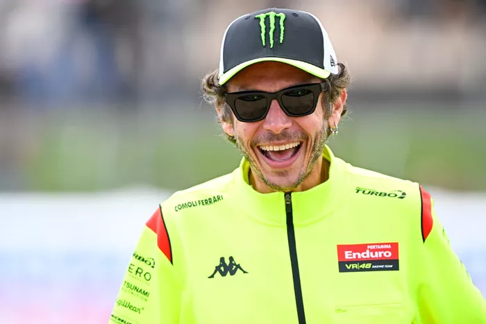 Valentino Rossi celebrates Fabio Di'Giannantonio taking victory