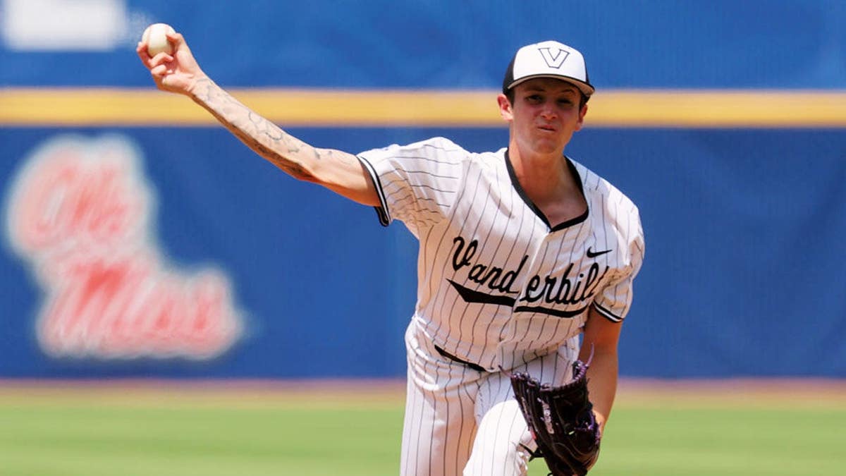 Vanderbilt pitcher Connor Fennell pitching during a baseball game.