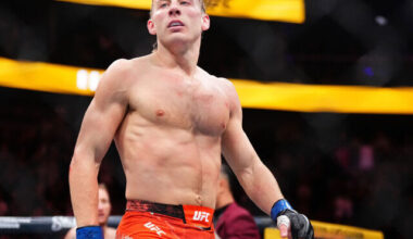 LAS VEGAS, NEVADA - JANUARY 24: Paddy Pimblett of England enters the Octagon in the UFC lightweight interim championship bout during the UFC 324 event at T-Mobile Arena on January 24, 2026 in Las Vegas, Nevada.