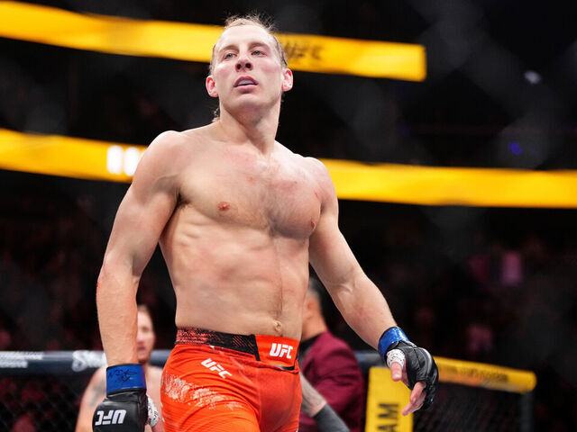 LAS VEGAS, NEVADA - JANUARY 24: Paddy Pimblett of England enters the Octagon in the UFC lightweight interim championship bout during the UFC 324 event at T-Mobile Arena on January 24, 2026 in Las Vegas, Nevada.