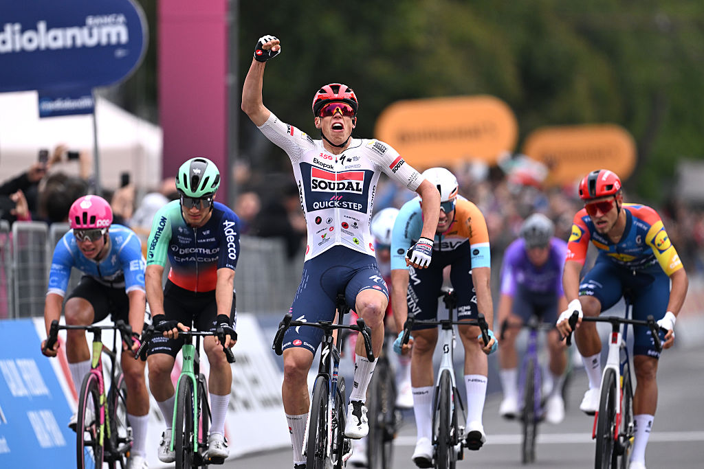 BURGAS, BULGARIA - MAY 08: Paul Magnier of France and Team Soudal Quick-Step celebrates at finish line as stage winner ahead of Tobias Lund Andresen of Denmark and Team Decathlon CMA CGM and Ethan Vernon of Great Britain and Team NSN Cycling and Jonathan Milan of Italy and Team Lidl - Trek during the 109th Giro d&amp;apos;Italia 2026, Stage 1 a 147km stage from Nessebar to Burgas / #UCIWT / on May 08, 2026 in Burgas, Bulgaria. (Photo by Tim de Waele/Getty Images)
