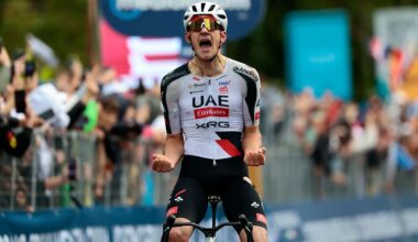 Igor Arrieta celebrates as he crosses the finish line to win the 5th stage of the Giro d'Italia 2026