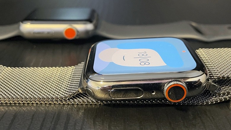 An Apple Watch Series 6 on the spotlight with the Series 3 model behind it