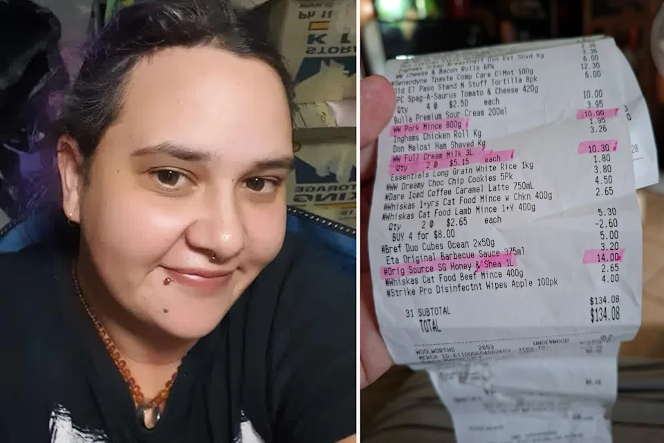 Left: Woolworths shopper Tara Wortley. Right: Woolworths reciept.