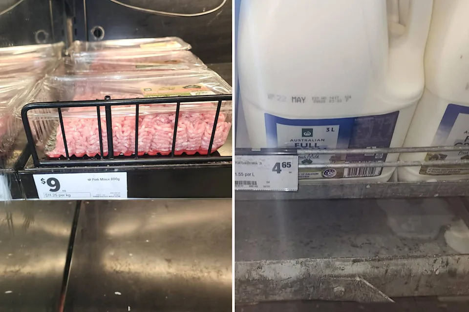 Left: Pork mince at Woolworths. Right: Full cream milk at Woolworths.