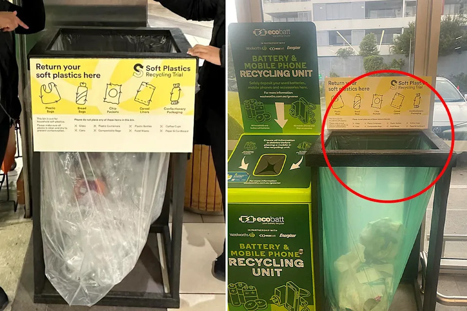 Two soft plastic recycling bins at Woolworths.