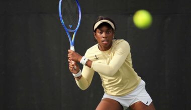 Celia-Belle Mohr eyes the ball, as photographed May 1, 2026. (Photo Courtesy of Vanderbilt Athletics)