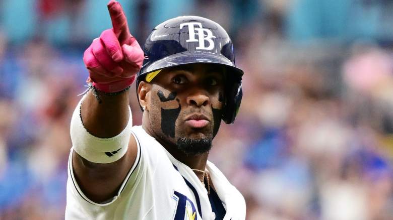 Yandy Díaz points during a Tampa Bay Rays game.