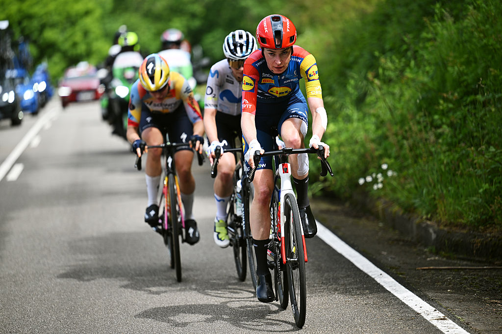 L'ANGLIRU, SPAIN - MAY 09: Riejanne Markus of Netherlands and Team Lidl - Trek competes in the breakaway during the 12th La Vuelta Femenina 2026, Stage 7 a 132.9km stage from Pola de Laviana to L&amp;apos;Angliru 155m / #UCIWWT / on May 09, 2026 in Pola de Laviana, Spain. (Photo by Szymon Gruchalski/Getty Images)