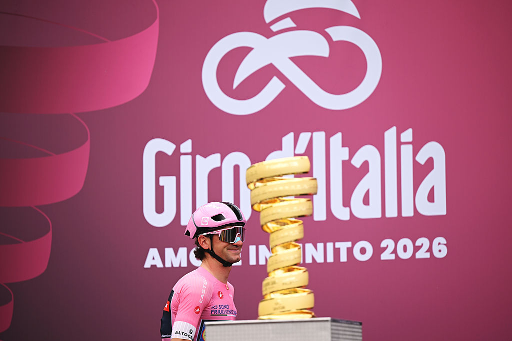 Giulio Ciccone of Italy and Team Lidl - Trek - Pink Leader Jersey and a view of Trofeo Senza Fine prior to the 109th Giro d'Italia