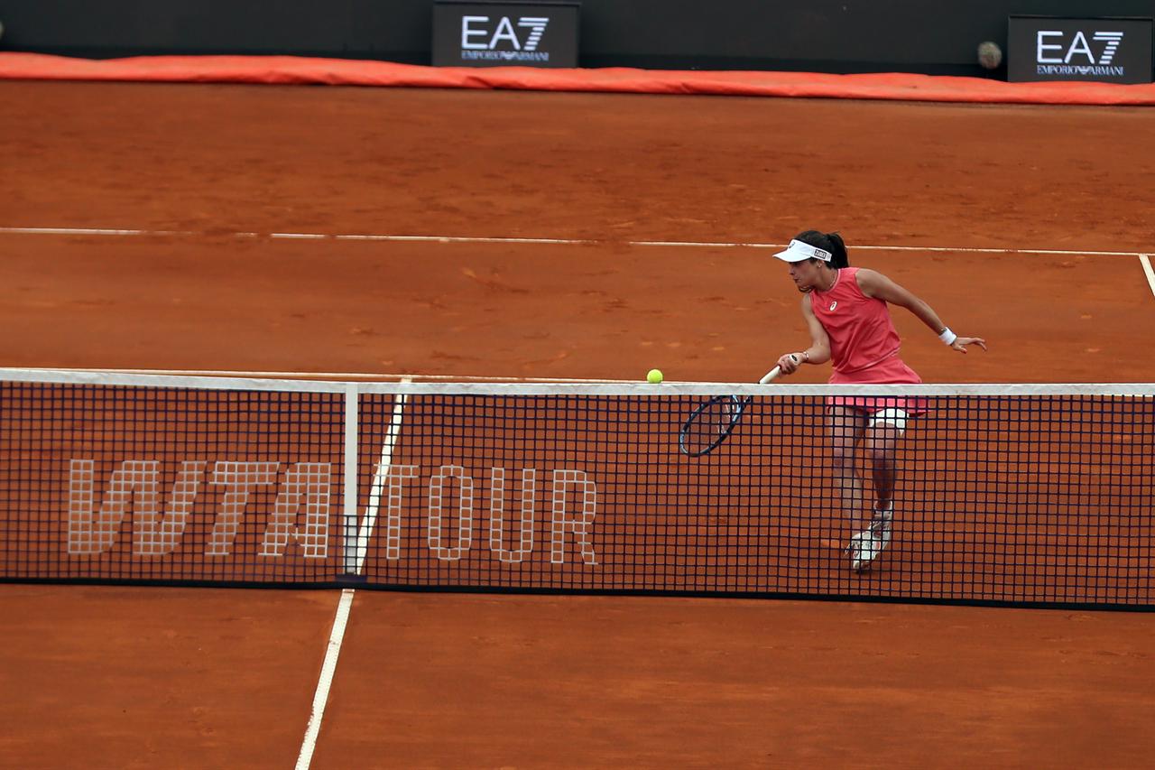 Turkish tennis player Zeynep Sonmez in action against Italian tennis player Jennifer Ruggeri (not seen) during the first-round of the Italian Open 2026 tennis tournament in Rome, Italy, May 5, 2026. (AA Photo)