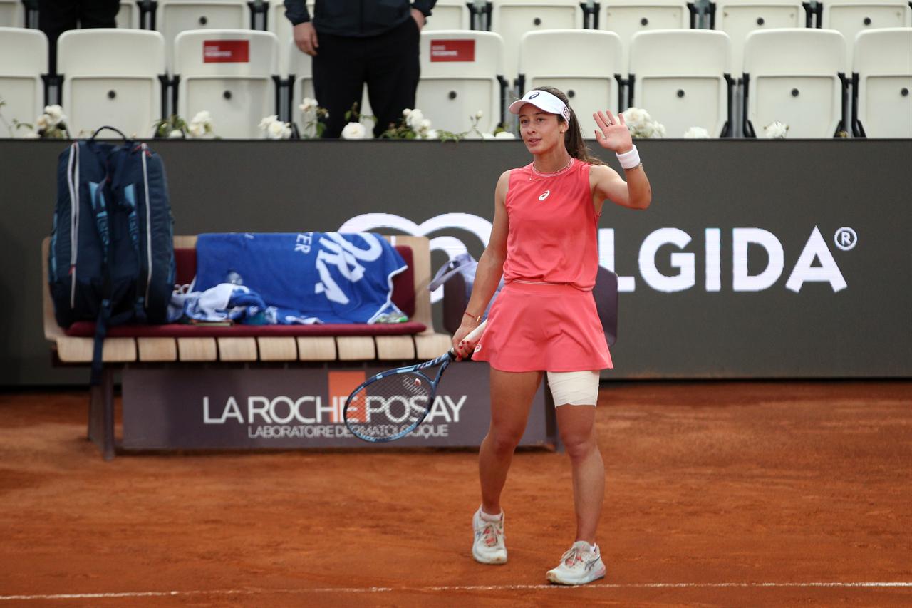 Turkish tennis player Zeynep Sonmez celebrates during her first-round match against Italian tennis player Jennifer Ruggeri (not seen) at the 2026 Italian Open tennis tournament in Rome, Italy, May 5, 2026. (AA Photo)
