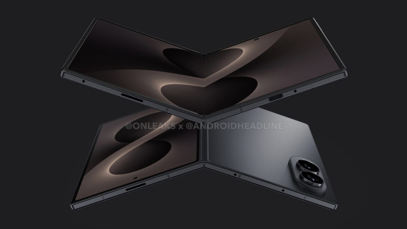 A leaked render of the supposed Samsung Galaxy Z Fold 8 Wide in a black colorway, showing its wider cover and inner displays and a dual camera array.