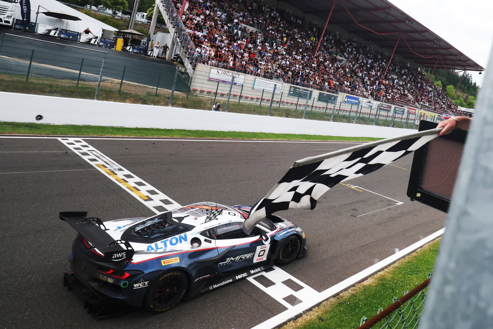The #0 Johor Motorsports Racing JMR Corvette Z06 GT3.R takes the chequered flag.